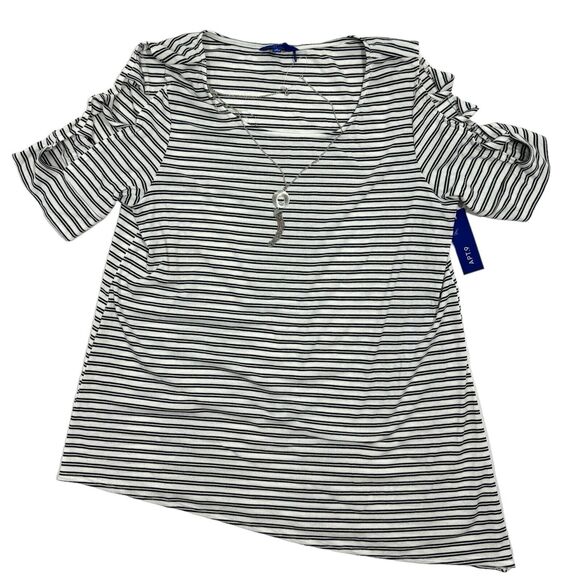 Woman's APT 9 White Black Striped Open Sleeve Top T-Shirt Blouse w/ Necklace - Picture 1 of 9